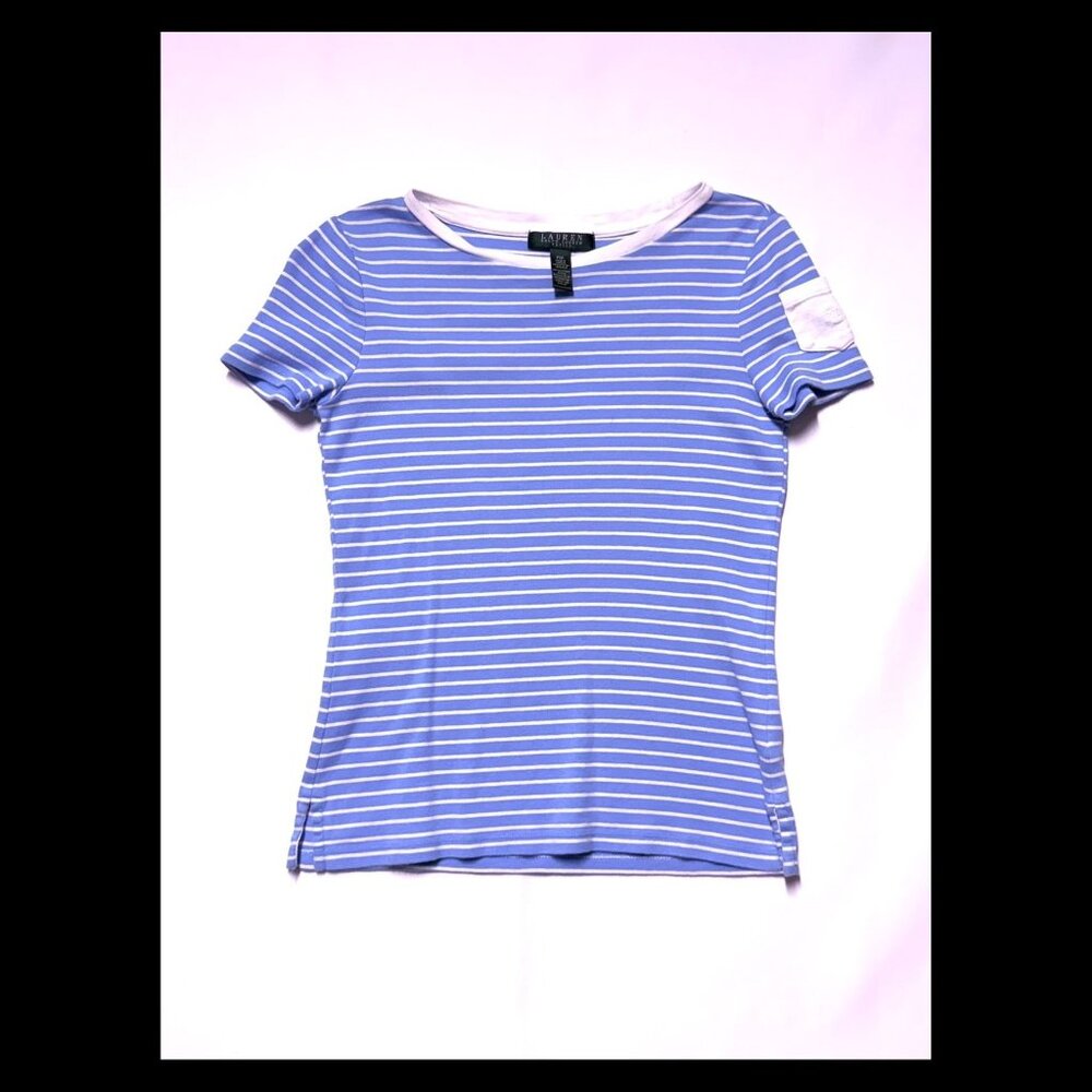 Lauren Ralph Lauren Women's Petite Blue & White Striped Cotton‎ T-Shirt PM